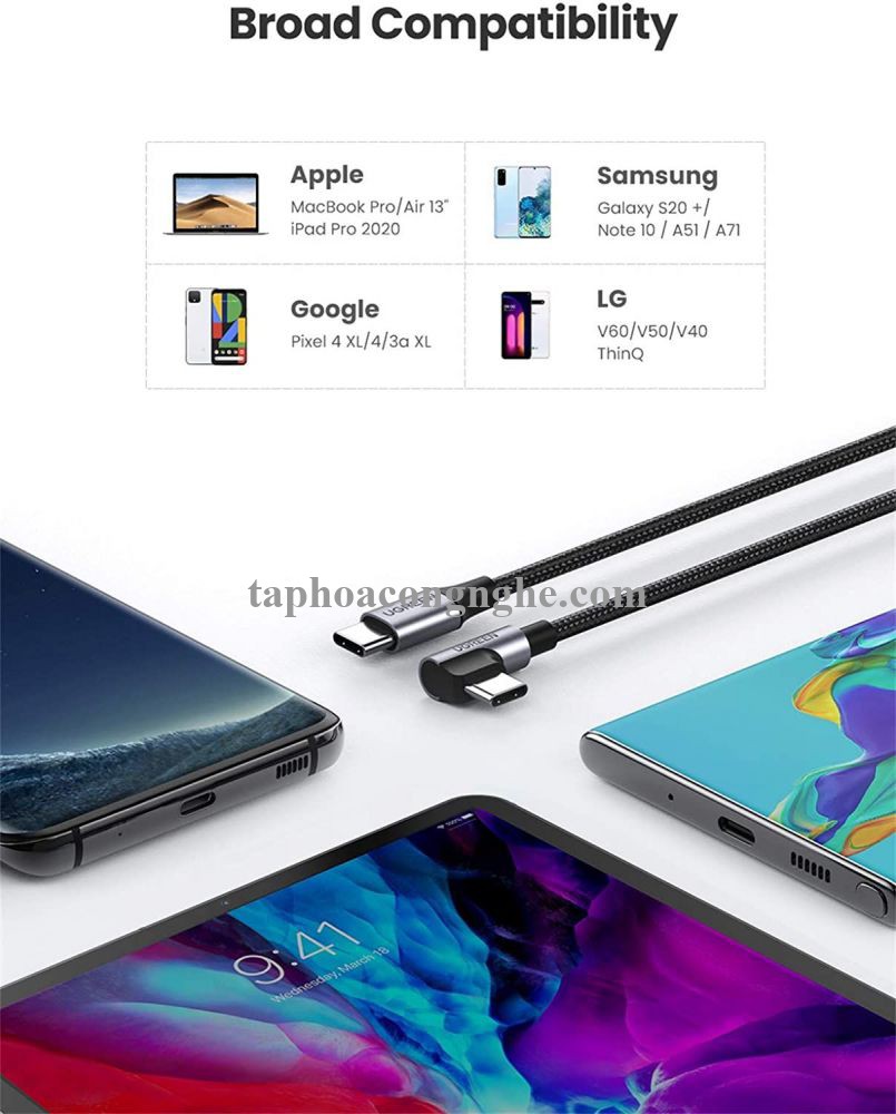 Ugreen 50122 0.5M 60W bẻ góc 90 độ hỗ trợ sạc nhanh PD cáp USB type C màu đen mạ nickel đầu bọc nhôm US255 30050122